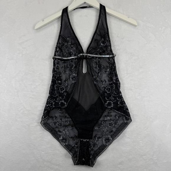 Victoria's Secret Tops - Victoria's Secret Very Sexy Black Lace Silver Metallic Halter Teddy Bodysuit S